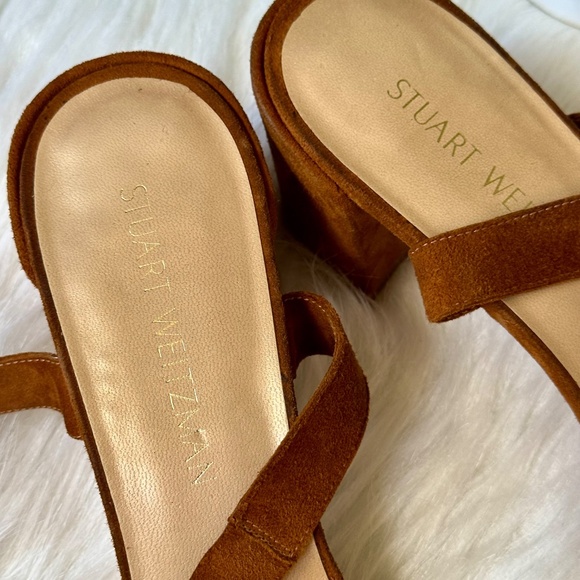 Stuart Weitzman Ankle Wrap Swifty Heels Camel Suede Sandals | Tan Brown Size 10 - Picture 2 of 15